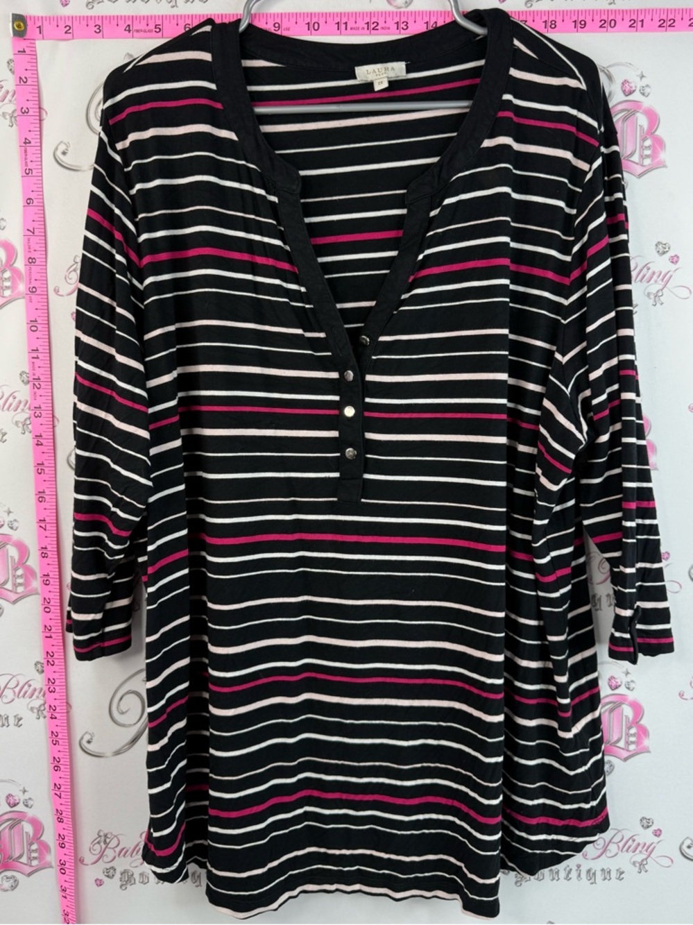 Laura Casual Striped Henley Long Sleeve Top - Black with Pink & White Stripes